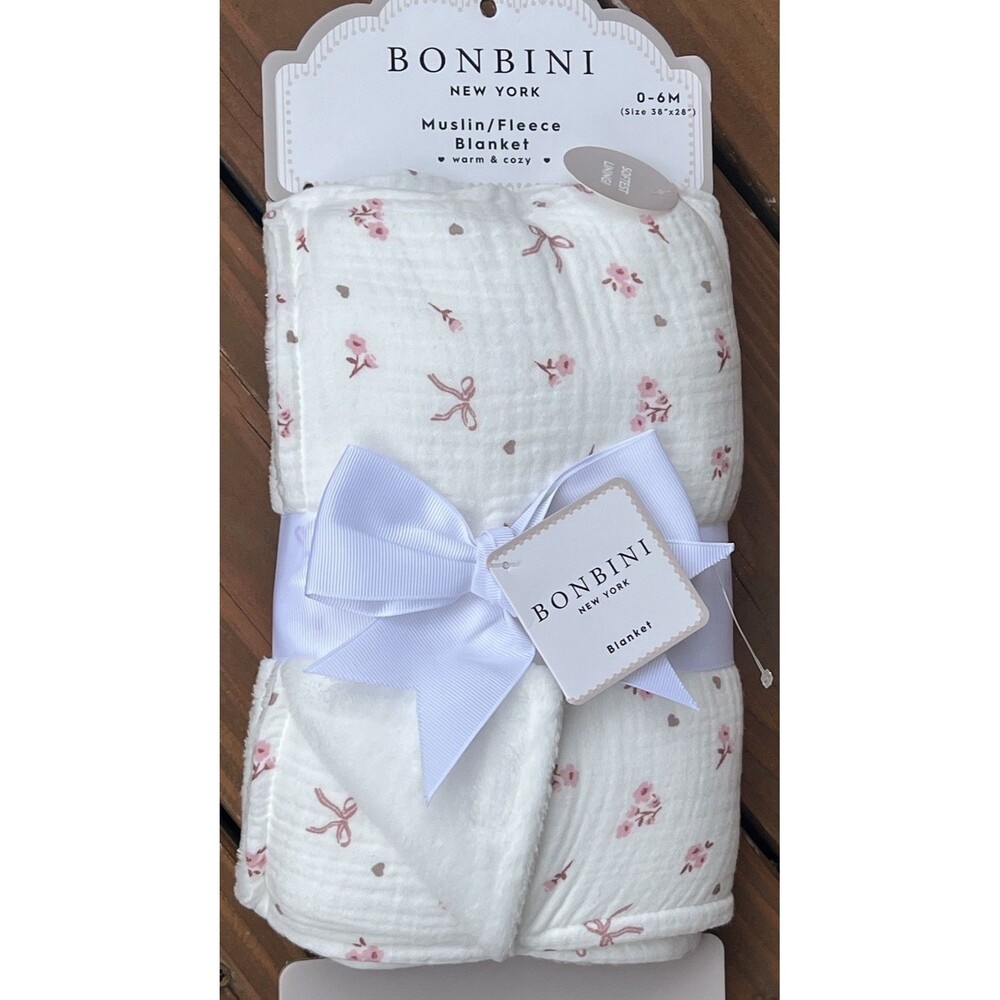 BONBINI Cotton Muslin Baby Blanket Stepping Stones Tiny Pink Flowers Ribbons New